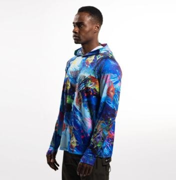 Tasman Erkek Kapüşonlu Uzun Kollu Balıkçı Ve Denizci Manta Desenli Mavi UV Korumalı T-Shirt