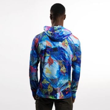 Tasman Erkek Kapüşonlu Uzun Kollu Balıkçı Ve Denizci Manta Desenli Mavi UV Korumalı T-Shirt