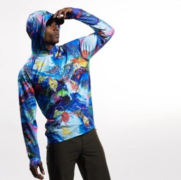 Tasman Erkek Kapüşonlu Uzun Kollu Balıkçı Ve Denizci Manta Desenli Mavi UV Korumalı T-Shirt