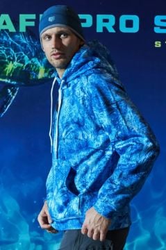 Prime Unisex Kapüşonlu, Uzun Kollu Marlin Mania Desenli Mavi Sweatshirt