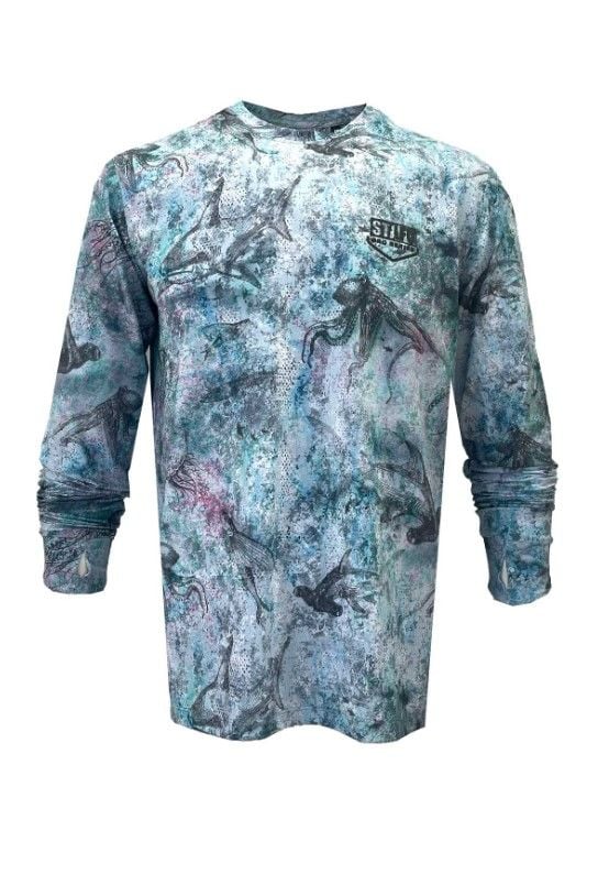 Apex V2 Erkek Uzun Kollu Bisiklet Yaka Balıkçı Yelkenci Çekiç Kafa Desenli Mavi UV Korumalı Tişört