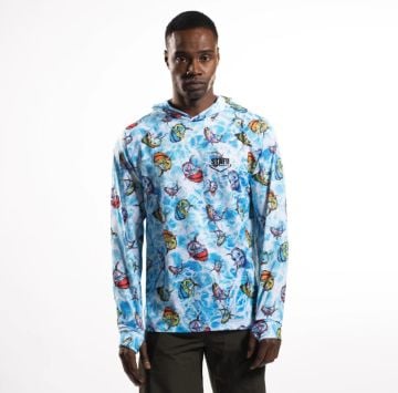 Tasman Erkek Kapüşonlu Uzun Kollu Balıkçı Ve Denizci Cartoon Desenli Mavi UV Korumalı T-Shirt