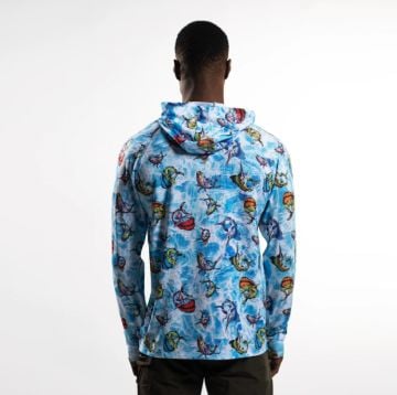 Tasman Erkek Kapüşonlu Uzun Kollu Balıkçı Ve Denizci Cartoon Desenli Mavi UV Korumalı T-Shirt