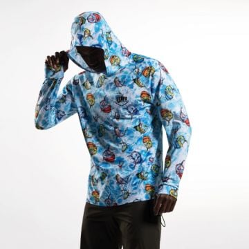 Tasman Erkek Kapüşonlu Uzun Kollu Balıkçı Ve Denizci Cartoon Desenli Mavi UV Korumalı T-Shirt