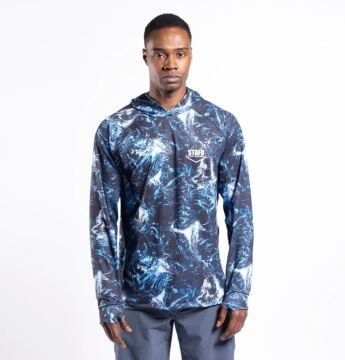 Tasman Erkek Kapüşonlu Uzun Kollu Balıkçı Ve Denizci Dark Stone Desenli Mavi UV Korumalı T-Shirt