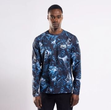 Tasman Erkek Uzun Kollu Bisiklet Yaka Balıkçı, Yelkenci Dark Stone Desenli Mavi UV Korumalı T-Shirt