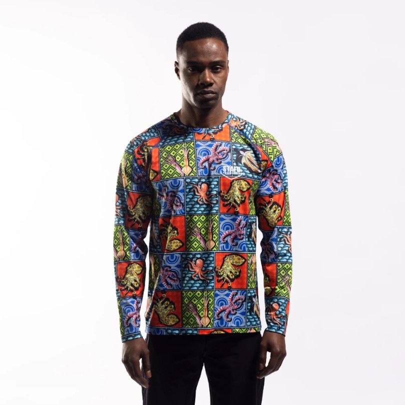 Tasman Erkek Uzun Kollu Bisiklet Yaka Balıkçı, Yelkenci Ahtapot Desenli Renkli UV Korumalı T-Shirt