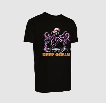 Graphite Kısa Kollu Bisiklet Yaka T-Shirt DJ Ahtapot Desenli-Black